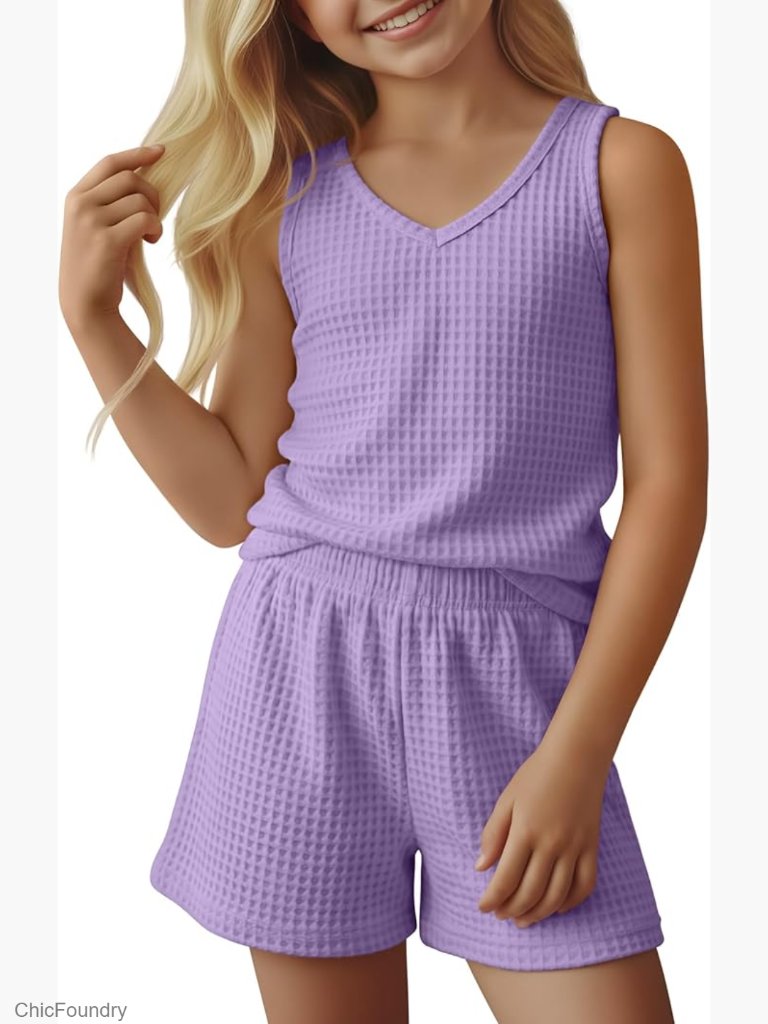 Girls 2 Piece Waffle Knit Summer Outfit Tank Top And Shorts Set